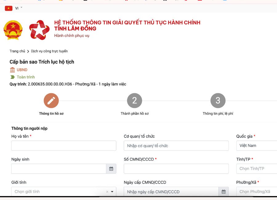 Hướng dẫn xin trích lục giấy khai sinh trực tuyến bước 5