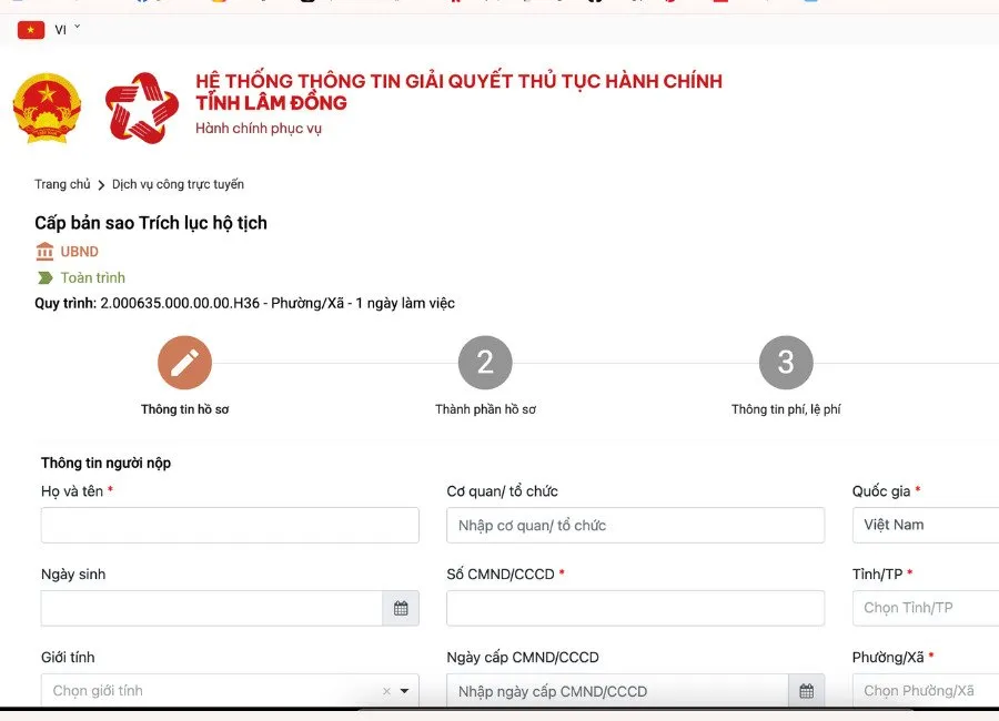 Hướng dẫn xin trích lục giấy khai sinh trực tuyến bước 5