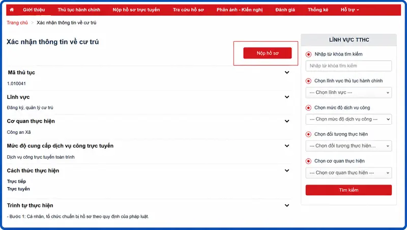Hướng dẫn nộp hồ sơ xin giấy CT07 online mục Nộp hồ sơ