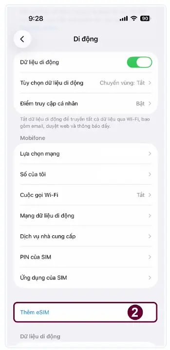 Cài đặt eSIM trên iOS tại Việt Nam bước 2
