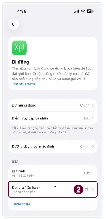 Cài đặt eSIM trên iOS tại vùng du lịch bước 2