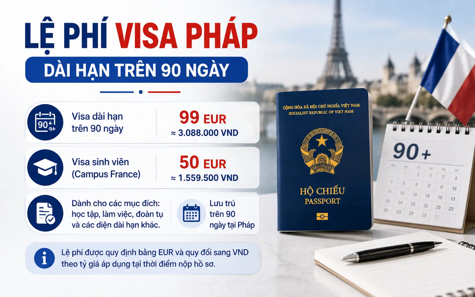 Cập nhật lệ phí visa dài hạn Pháp cho từng đối tượng