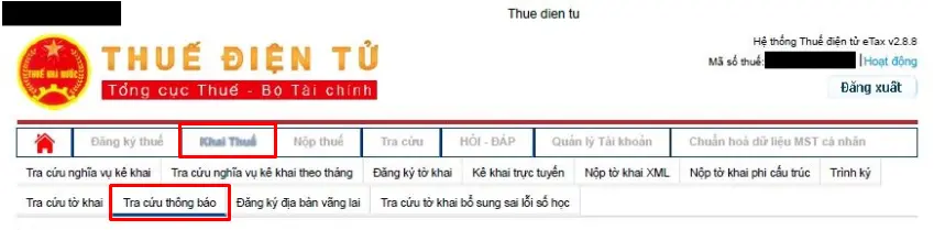Bước 2 tra cứu thông báo trên trang Thuế Điện tử