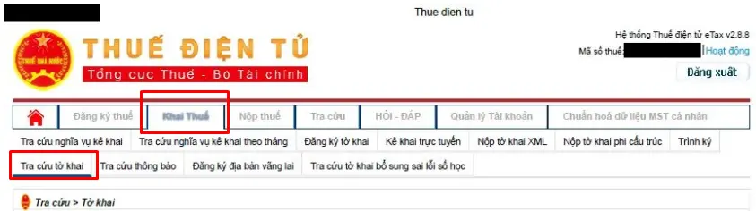 Bước 2 tra cứu tờ khai trên trang Thuế Điện tử