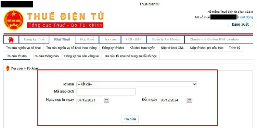 Bước 4 tra cứu tờ khai trên trang Thuế Điện tử