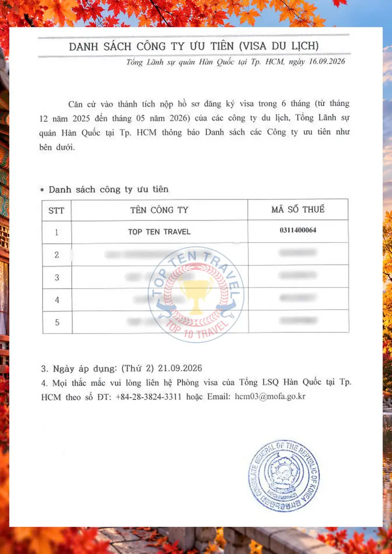 Top Ten Travel đứng đầu trong danh sách công ty ưu tiên (visa du lịch) của Lãnh sự quán Hàn Quốc