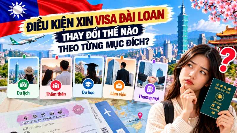 So sánh trọng tâm điều kiện visa Đài Loan theo diện du lịch, công tác, thăm thân, du học và lao động